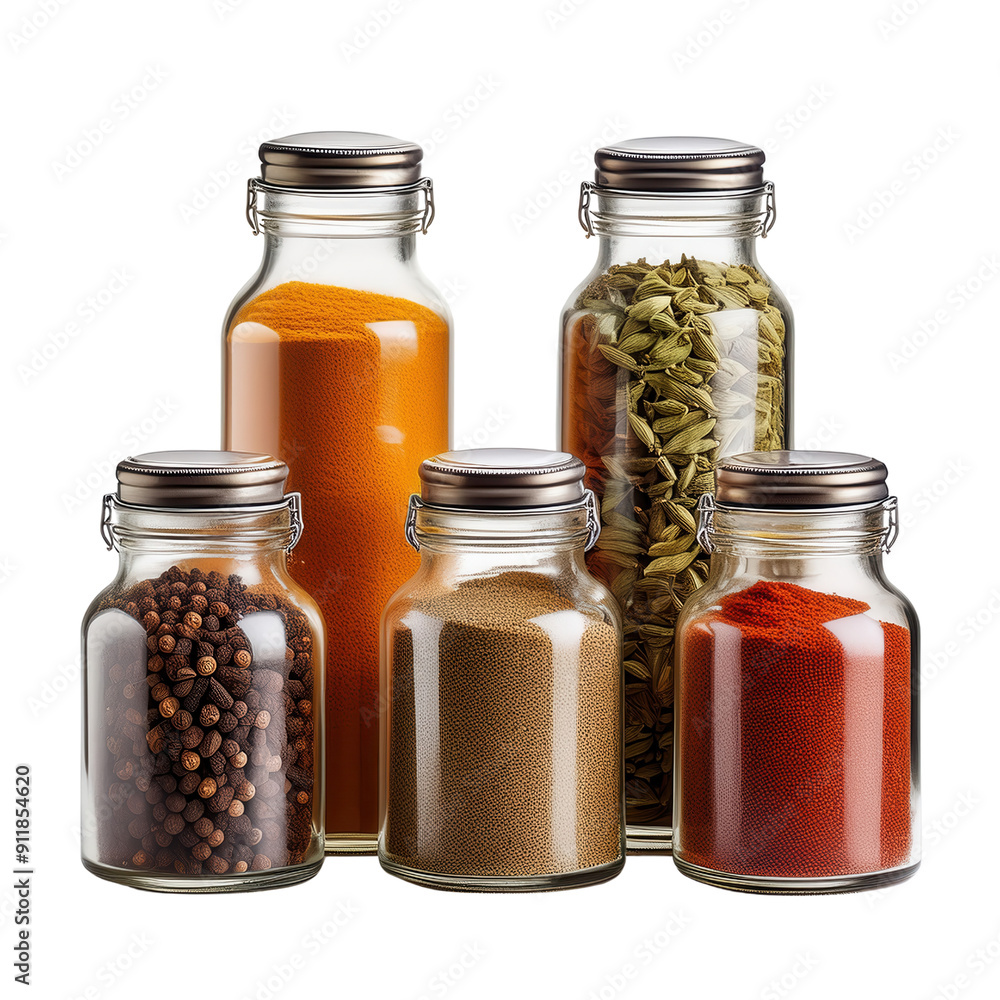 A collection of spice jars filled with various colorful spices, isolated on a white background, transparent background. A collection of spice jars filled with various colorful spices, isolated on a white background, transparent background.