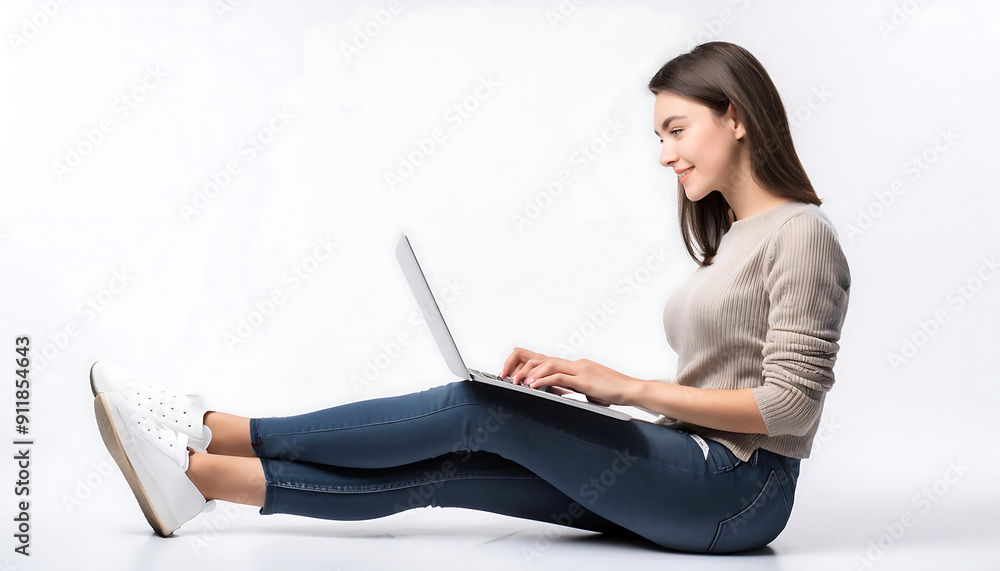 A Woman Sitting and Using Laptop; White Background. A Woman Sitting and Using Laptop; White Background.