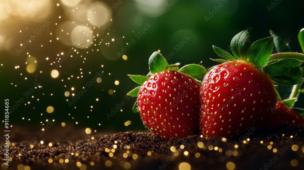 Forest spirit's gift, strawberries born from starlight, magical garden, luminous seeds Forest spirit's gift, strawberries born from starlight, magical garden, luminous seeds