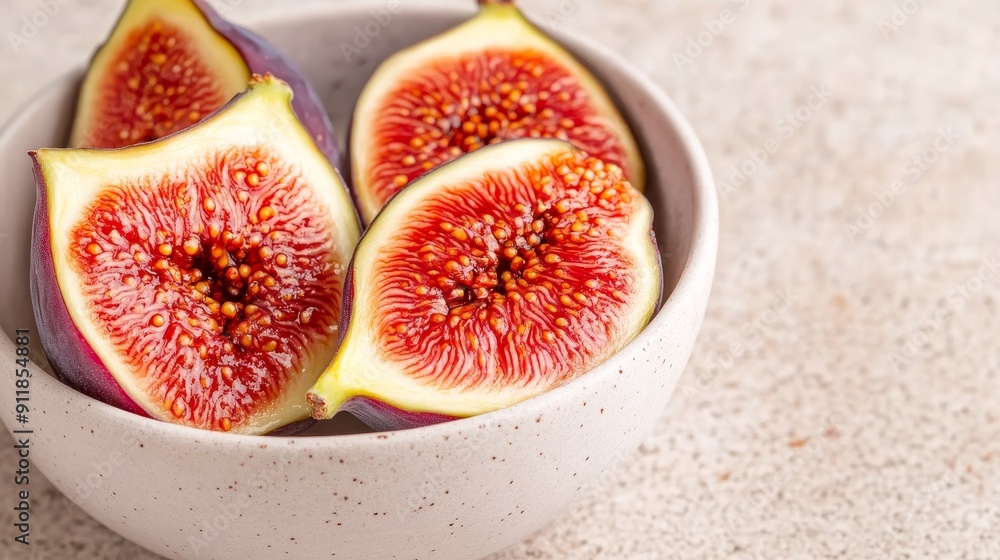 Fresh fig halves, vibrant colors, soft pulp with crunchy seeds, syrupy and succulent taste Fresh fig halves, vibrant colors, soft pulp with crunchy seeds, syrupy and succulent taste