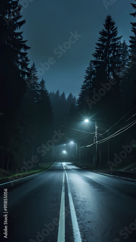 Invites you into a hauntingly beautiful scene of solitude and mystery. Picture a lonely road, illuminated only by the pale glow of the moon, stretching into the unknown. photo