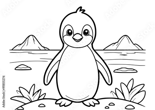 Drawing simple lines cute penguin coloring book pages. cartoons for preschool children