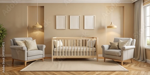 Cozy nursery setup featuring a crib, plush sofa, and two empty poster frames against a warm beige wall, awaiting personalized decorative touches.