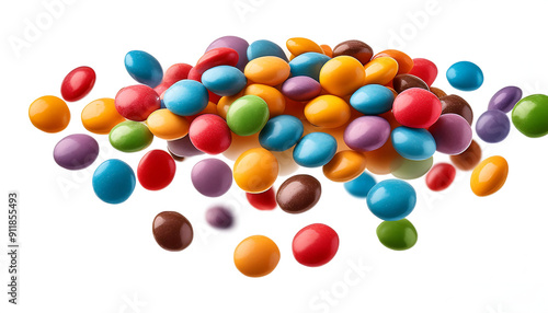 Colourful Candies Fall From Top Isolated on White Background.