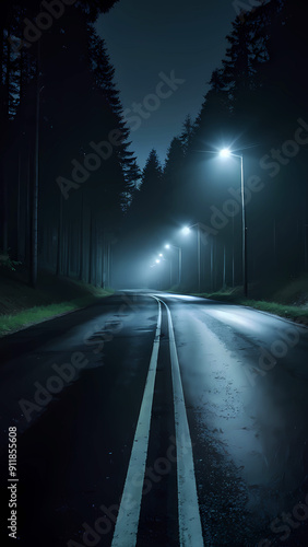 Invites you into a hauntingly beautiful scene of solitude and mystery. Picture a lonely road, illuminated only by the pale glow of the moon, stretching into the unknown. photo