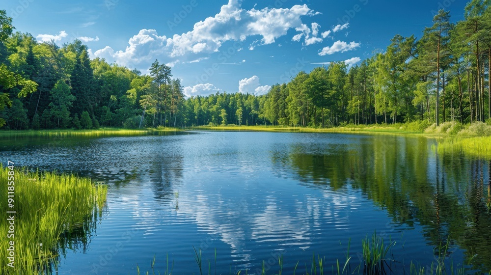 Fototapeta premium Serene Forest Lake with Blue Sky and White Clouds