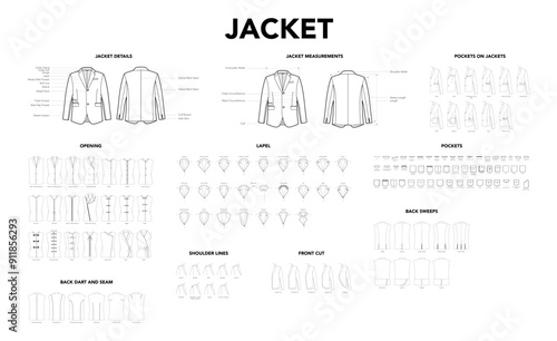 Set of Jacket details - Measurement, Length, Sleeves and Pockets styles technical fashion illustration. Flat apparel template front, back view. Women men unisex CAD mockup isolated on white background