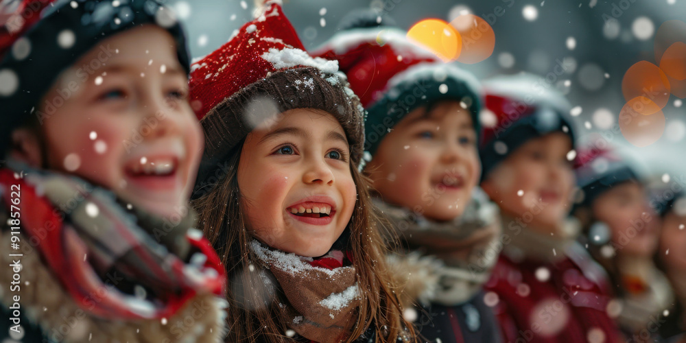 Group of joyful children singing Christmas carols outdoors in the snow, dressed in festive attire, celebrating the holiday season. Group of joyful children singing Christmas carols outdoors in the snow, dressed in festive attire, celebrating the holiday season.