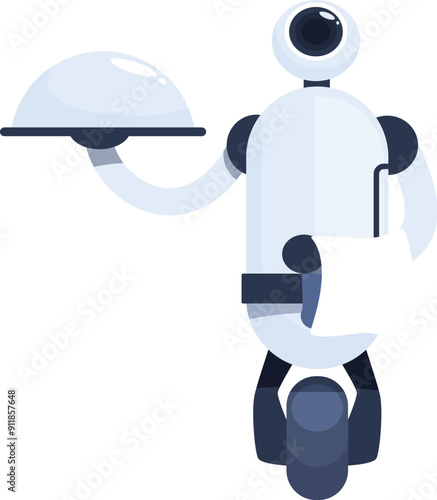 White robot waiter character holding silver cloche serving tray riding on self balancing platform