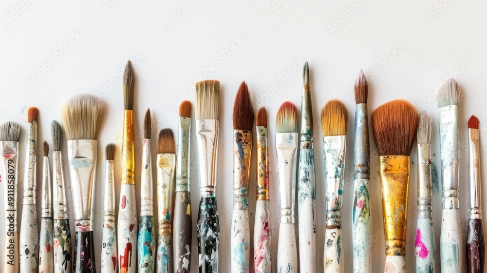 Fototapeta premium Row of paintbrushes for art and craft on a white background generative ai