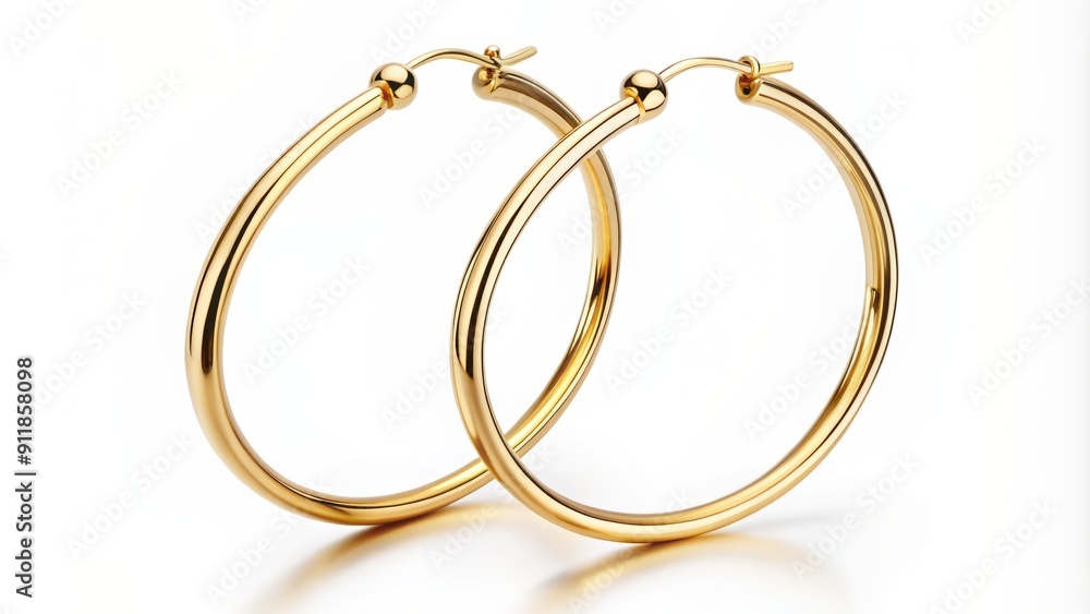 Elegant classic gold hoop earrings with a high-polish finish, suspended from a thin wire, lying on a crisp white background, evoking timeless sophistication and understated glamour. Elegant classic gold hoop earrings with a high-polish finish, suspended from a thin wire, lying on a crisp white background, evoking timeless sophistication and understated glamour.