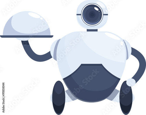 Modern robot waiter serving food, holding a restaurant cloche