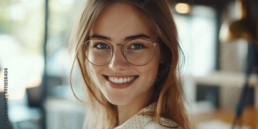A happy woman wearing glasses smiles directly at the camera A happy woman wearing glasses smiles directly at the camera