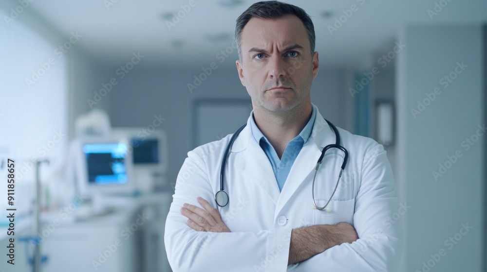 A man in a white lab coat stands with his arms crossed, conveying a sense of authority and expertise A man in a white lab coat stands with his arms crossed, conveying a sense of authority and expertise