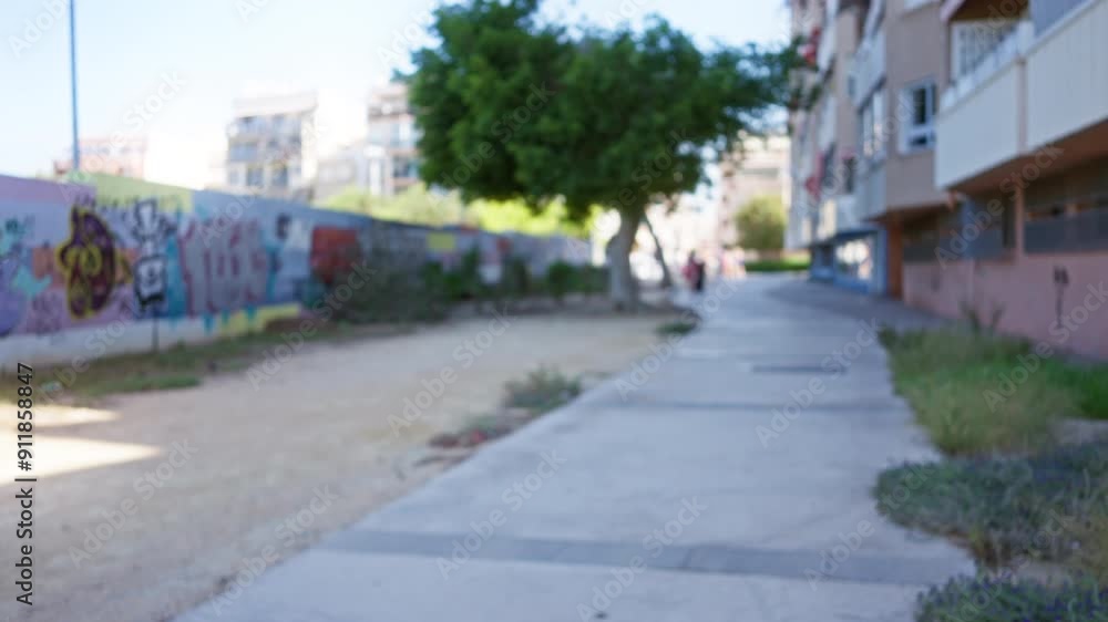 Outdoor urban scene featuring defocused graffiti wall, apartment buildings, tree, sidewalk, and blurred people in the distance on a bright day Outdoor urban scene featuring defocused graffiti wall, apartment buildings, tree, sidewalk, and blurred people in the distance on a bright day
