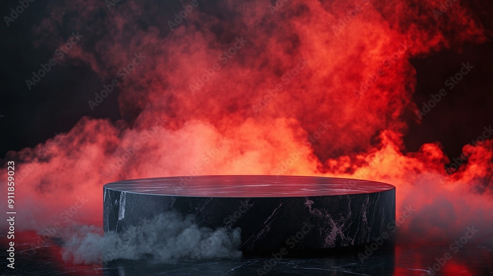 Circular Platform Bathed in Red Light in a Mystical, Smoky Space with Aged Pillars Circular Platform Bathed in Red Light in a Mystical, Smoky Space with Aged Pillars