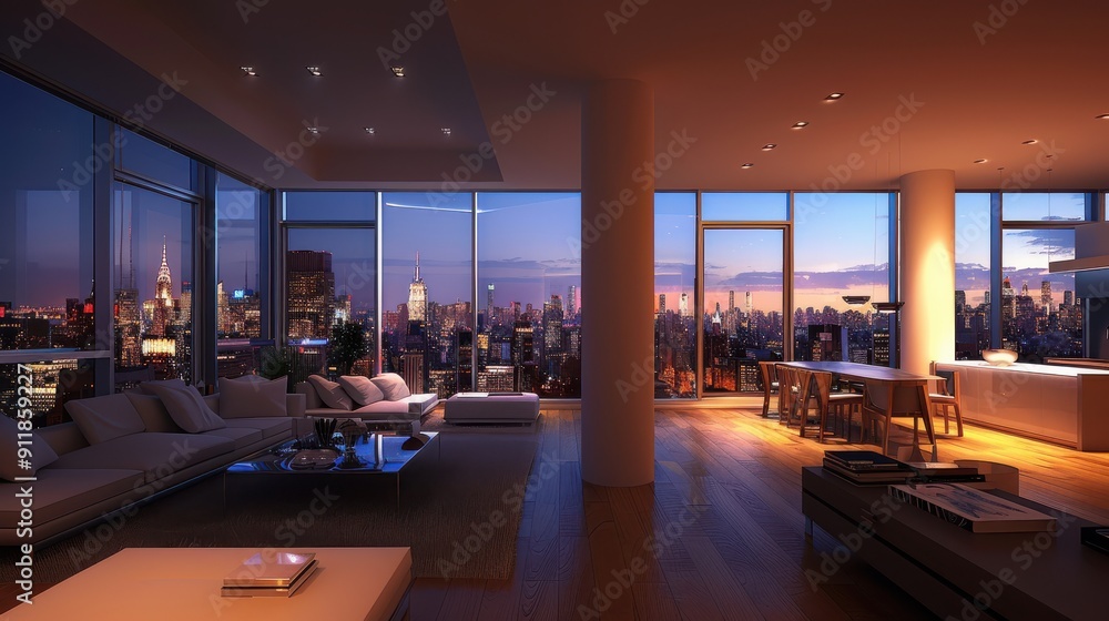 Modern Urban Apartment Interior Overlooking New York City Skyline at Twilight Modern Urban Apartment Interior Overlooking New York City Skyline at Twilight
