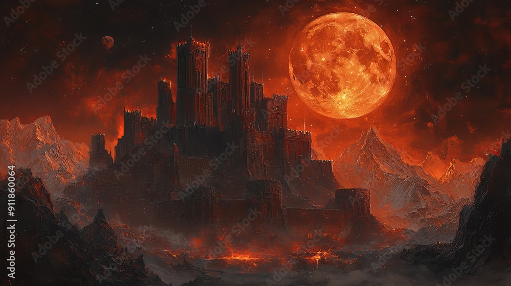 Fototapeta premium Gothic style castle with the red moon