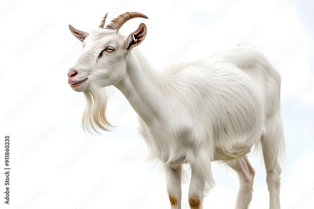 the beside view Saanen Goat standing, left side view, white copy space on right isolated on white background the beside view Saanen Goat standing, left side view, white copy space on right isolated on white background