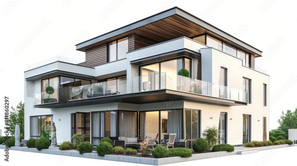 Modern Residential Architecture Featuring Large Windows and Outdoor Patio in a Suburban Setting Modern Residential Architecture Featuring Large Windows and Outdoor Patio in a Suburban Setting
