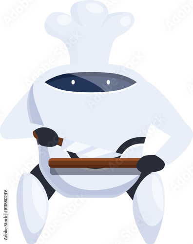 White robot chef is cutting vegetables with a knife on a cutting board