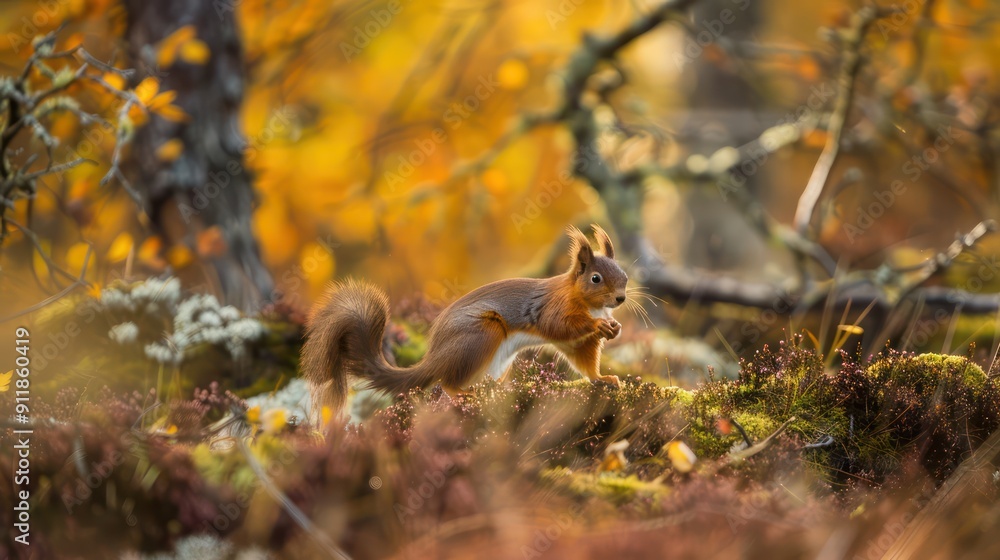 Fototapeta premium beautiful squirrel in the middle of the forest with an autumn view