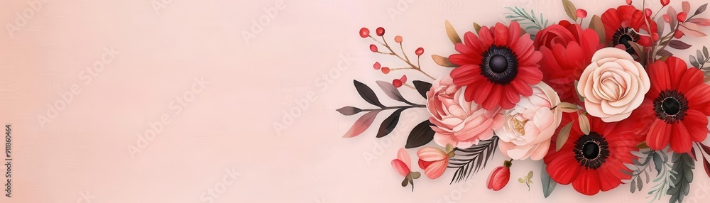 Fototapeta premium Red wedding bouquet with hand-painted floral details, watercolor style, against a soft pastel background