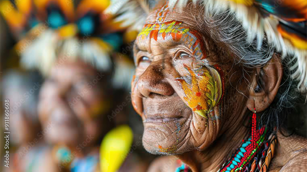 Fototapeta premium Close-up of an elderly person with vibrant traditional face paint, reflecting cultural heritage and wisdom.