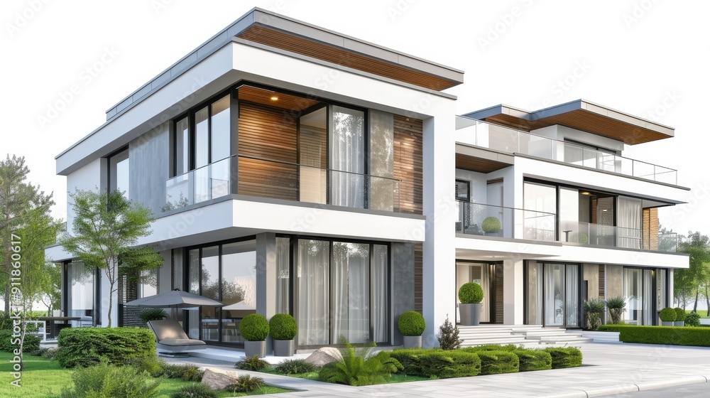 Modern Architectural Design of Two Contemporary Homes Surrounded by Lush Greenery in Bright Daylight Modern Architectural Design of Two Contemporary Homes Surrounded by Lush Greenery in Bright Daylight