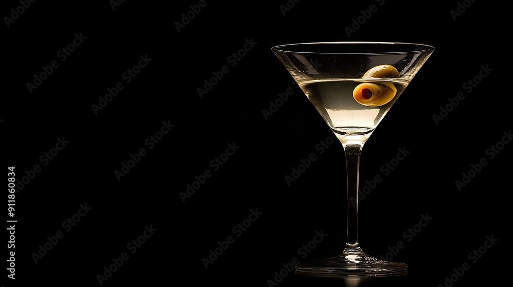 A classic martini in a glass, garnished with an olive, with plenty of space for text. A classic martini in a glass, garnished with an olive, with plenty of space for text.