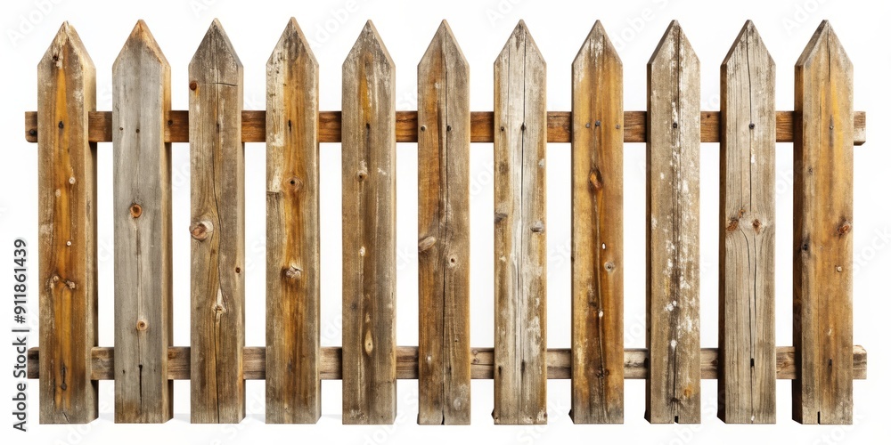 A worn, rustic wooden picket fence stands alone on a white background, its weathered slats and posts forming a classic symbol of boundary and rustic charm. A worn, rustic wooden picket fence stands alone on a white background, its weathered slats and posts forming a classic symbol of boundary and rustic charm.