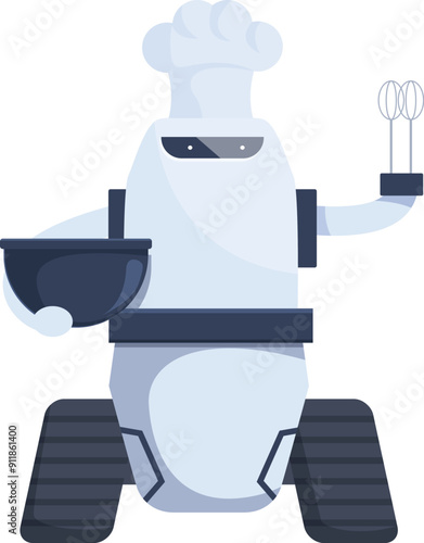 Robot chef is holding a whisk and bowl, ready to start cooking