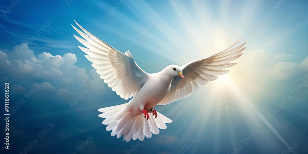 Serene white dove in gentle flight, wings outstretched, against a soft blue isolated background, embodies hope, freedom, and peacefulness in a minimalist setting. Serene white dove in gentle flight, wings outstretched, against a soft blue isolated background, embodies hope, freedom, and peacefulness in a minimalist setting.