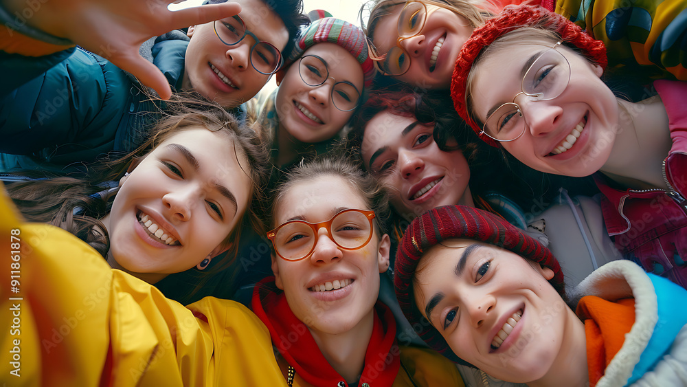 © Line - Group of Happy Friends Lying Together Outdoors