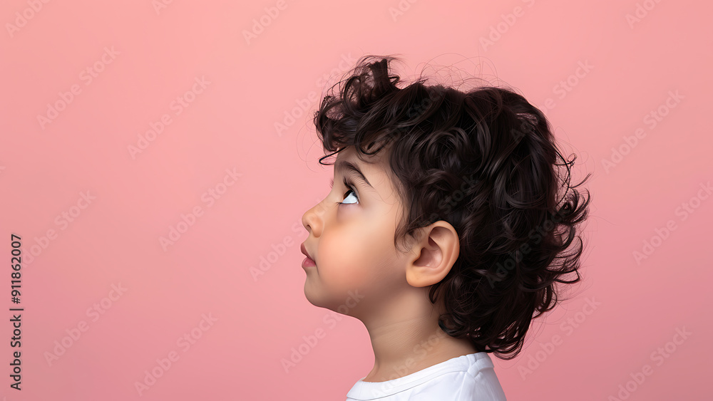Child Looking Upward in Pink Background Child Looking Upward in Pink Background