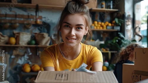 Smiling Woman Holding a Box in a Store