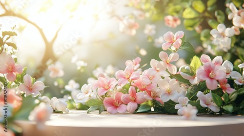 White Round Podium and White and Pink Flowers in a Spring Garden Background, Closeup 3D Render