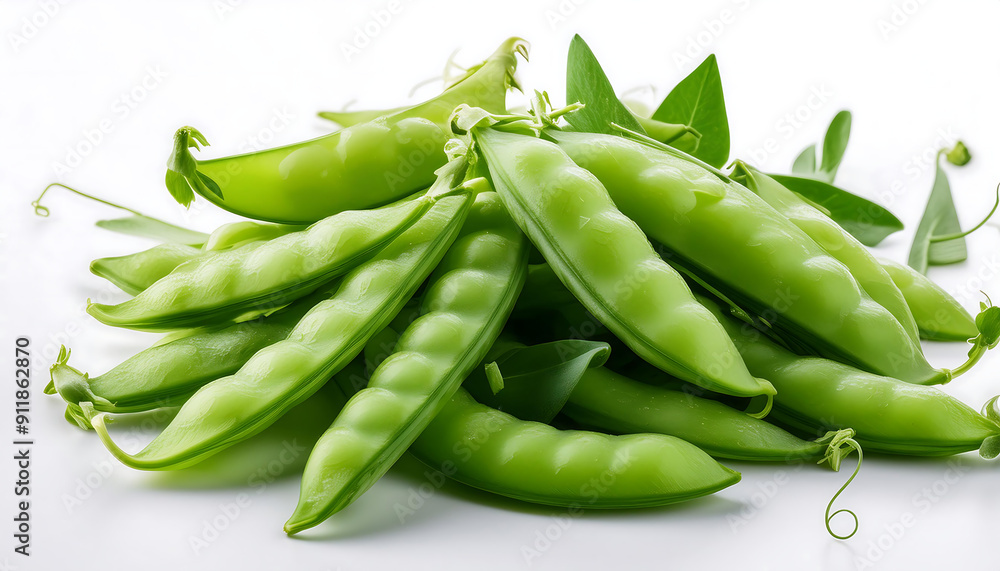 Freshly Picked Snow Peas On A White Background. Freshly Picked Snow Peas On A White Background.