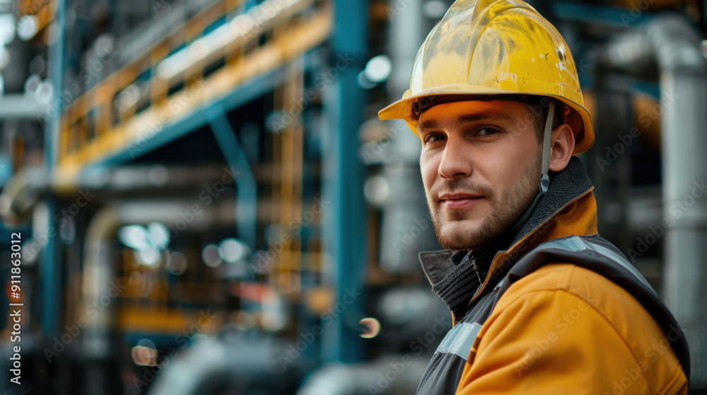A confident industrial worker in a yellow hard hat and safety gear, standing in a factory setting.