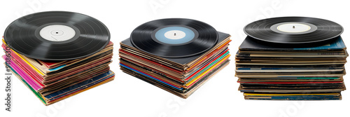 Stack of vinyl records with colorful covers.