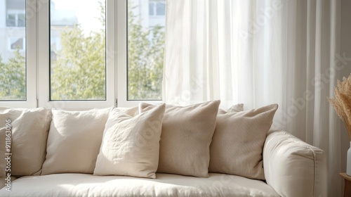 Cozy Minimalist Living Room with White Sofa and Curtains