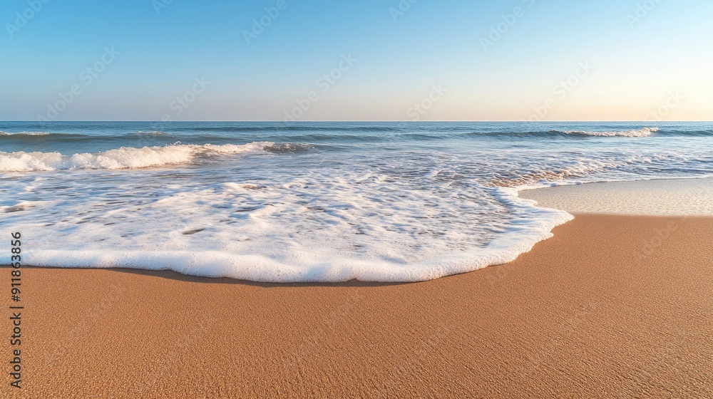 Fototapeta premium Expansive sandy beach panorama with the sea waves gently lapping against the shore, under a clear sky.