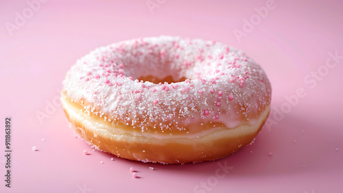 Pink Glazed Donut on Glossy Reflective Surface