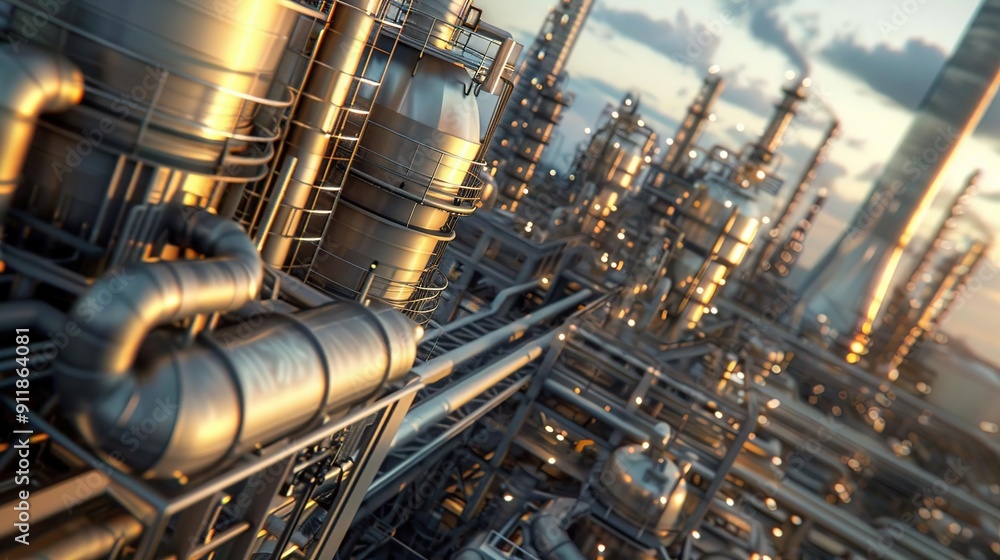 3D Illustration of a Complex Industrial Refinery with Pipelines and Towers at Sunset 3D Illustration of a Complex Industrial Refinery with Pipelines and Towers at Sunset