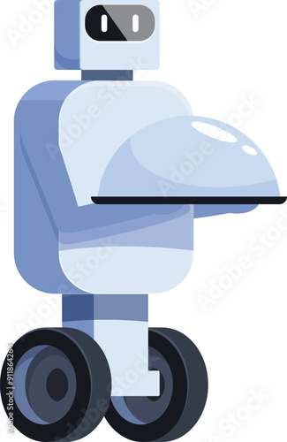 Robot waiter on wheels is holding a cloche platter, ready to serve food in a restaurant