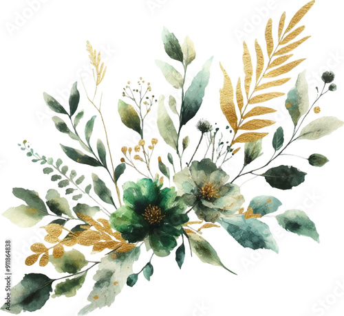 watercolor flowers and leaves on white background. hand painted flowers, gold and jade flowers witn leaves. wedding invitation, card, greeting card or invitation. vector collection