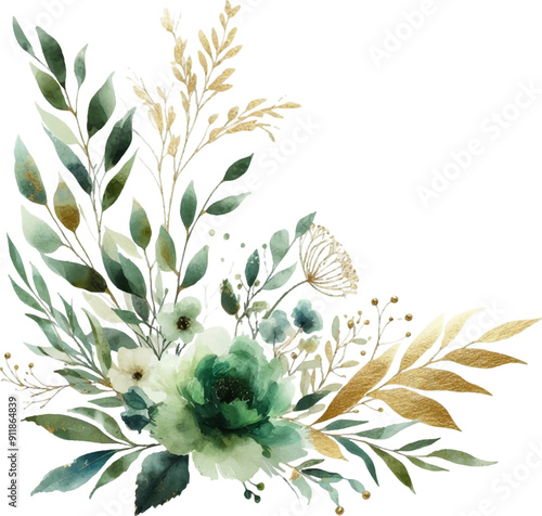 watercolor flowers and leaves on white background. hand painted flowers, gold and jade flowers witn leaves. wedding invitation, card, greeting card or invitation. vector collection