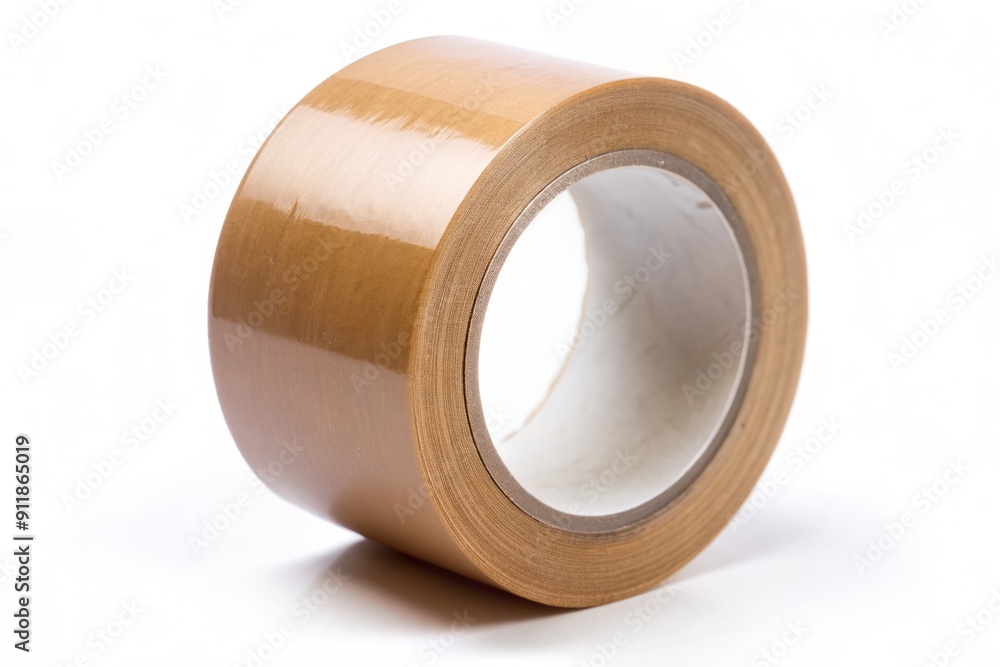 Close-up of a roll of brown adhesive tape, coiled and ready to use, on a clean white background, ideal for packing and shipping parcels securely. Close-up of a roll of brown adhesive tape, coiled and ready to use, on a clean white background, ideal for packing and shipping parcels securely.