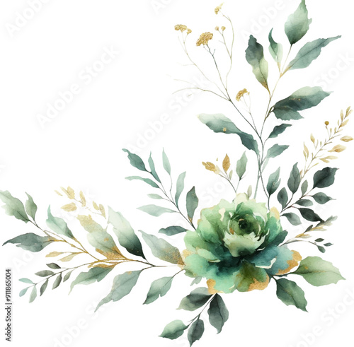 watercolor flowers and leaves on white background. hand painted flowers, gold and jade flowers witn leaves. wedding invitation, card, greeting card or invitation. vector collection