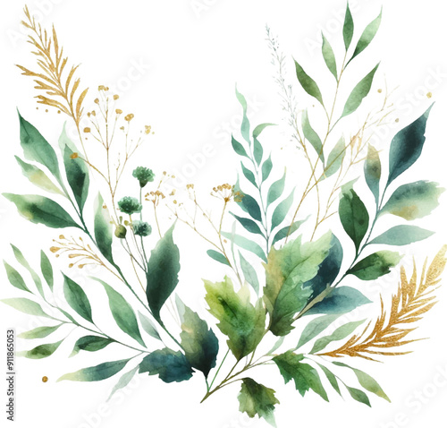 watercolor flowers and leaves on white background. hand painted flowers, gold and jade flowers witn leaves. wedding invitation, card, greeting card or invitation. vector collection